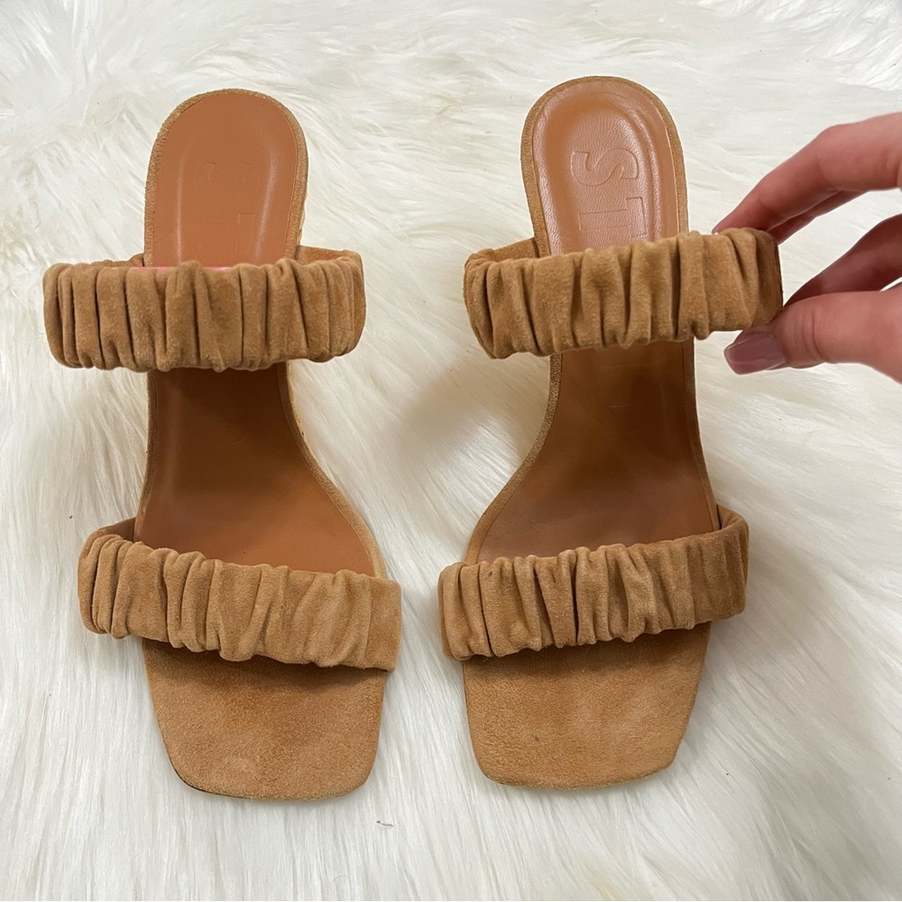 STAUD Tan Suede Frankie Ruched Leather Caramel Wedges Strappy Sandals sz. 9
